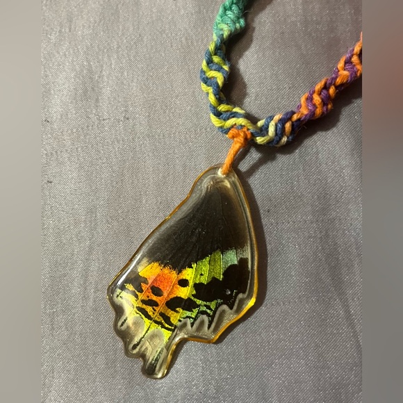 Preserved Butterfly Wing Pendant on Croqueted Rainbow Cord - Picture 5 of 6